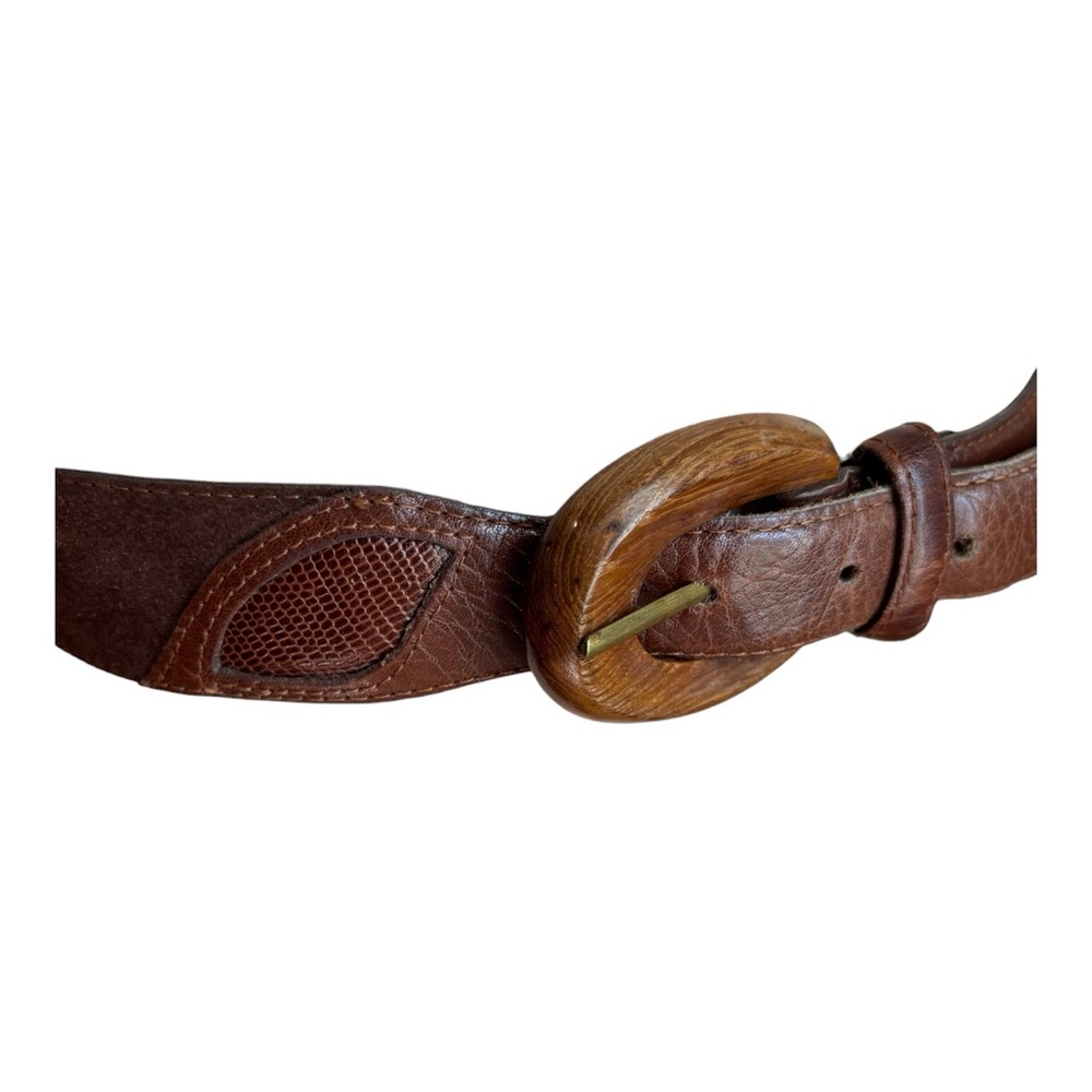 VTG LIZ CLAIBORNE BROWN 1.5" WIDE LEATHER & SUEDE BELT W A WOODEN BUCKLE SZ L - Picture 2 of 10